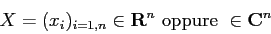 \begin{displaymath}
X=(x_i)_{i=1,n}\in {\bf R}^n\mbox{\ oppure } \in {\bf C}^n
\end{displaymath}