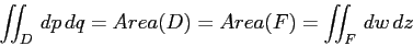 \begin{displaymath}
\int\!\!\!\int _D \,dp\,dq=Area(D)=Area(F)= \int\!\!\!\int _F \,dw\,dz
\end{displaymath}