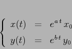 \begin{displaymath}\left\{\begin{array}{lcl}
{\displaystyle x(t)} & {\display...
...laystyle=} &{\displaystyle e^{b\,t}\, y_0}
\end{array}\right.
\end{displaymath}