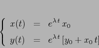 \begin{displaymath}\left\{\begin{array}{lcl}
{\displaystyle x(t)} & {\display...
...isplaystyle e^{\lambda\,t}\,[y_0 +x_0\,t]}
\end{array}\right.
\end{displaymath}