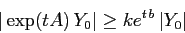 \begin{displaymath}
\vert\exp(tA)\,Y_0\vert\geq k e^{t\,b}\,\vert Y_0\vert
\end{displaymath}