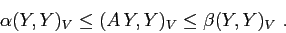 \begin{displaymath}
\alpha (Y,Y)_V \leq (A\,Y,Y)_V \leq \beta (Y,Y)_V \ .
\end{displaymath}